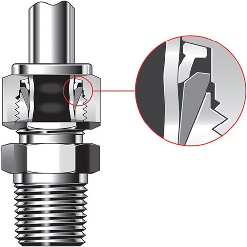 FIG. 3. A twin ferrule tube fitting. The hardened back ferrule (light gray) provides direct and axial support.